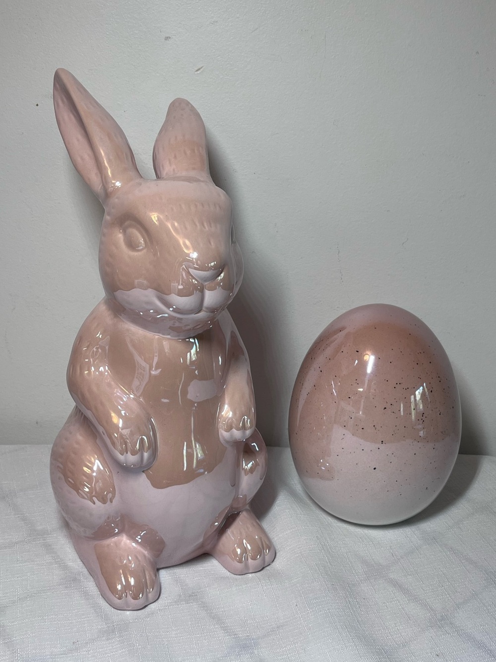 Glossy Pink Ceramic Bunny Figurine with Decorative Egg